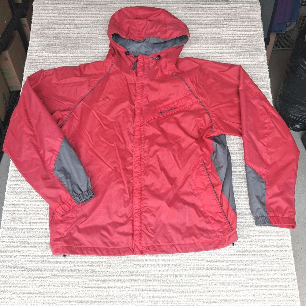 Columbia Mens XL Red Gray Hooded Rain Jacket Full Zip Lightweight Windbreaker